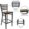 Flash Furniture Hercules Series Ladder Back Metal Restaurant Barstool, Modern Upholstered Armless Bar Height Chair for Restaurants and Kitchens, Black(Mahogany Wood Seat/Black Metal Frame)