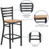 Flash Furniture Hercules Series Ladder Back Metal Restaurant Barstool, Modern Upholstered Armless Bar Height Chair for Restaurants and Kitchens, Black(Natural Wood Seat/Black Metal Frame)
