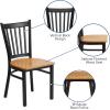 Flash Furniture Hercules Series Vertical Back Metal Restaurant Chairs, Upholstered Armless Dining Chairs for Restaurants/Kitchens, Set of 2, Black(Natural Wood Seat)