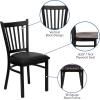 Flash Furniture Hercules Series Vertical Back Metal Restaurant Chairs, Upholstered Armless Dining Chairs for Restaurants/Kitchens, Set of 2, Black(Walnut Wood Seat)