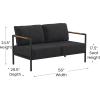 Flash Furniture Lea Indoor/Outdoor Loveseat with Cushions-Modern Aluminum Framed Loveseat with Teak Accent Arms, Black with Charcoal Cushions