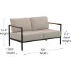 Flash Furniture Lea Indoor/Outdoor Patio Loveseat with Cushions-Modern Aluminum Framed Loveseat with Teak Accent Arms, Black with Beige Cushions