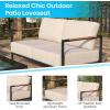 Flash Furniture Lea Indoor/Outdoor Patio Loveseat with Cushions-Modern Aluminum Framed Loveseat with Teak Accent Arms, Black with Beige Cushions