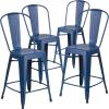Flash Furniture Lily Commercial Grade 4 Pack 24″ High Black Metal Indoor-Outdoor Counter Height Stool with Removable Back(Antique Blue)