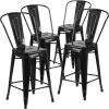 Flash Furniture Lily Commercial Grade 4 Pack 24″ High Black Metal Indoor-Outdoor Counter Height Stool with Removable Back(Black)