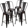 Flash Furniture Lily Commercial Grade 4 Pack 24″ High Black Metal Indoor-Outdoor Counter Height Stool with Removable Back(Black-antique Gold)
