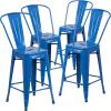Flash Furniture Lily Commercial Grade 4 Pack 24″ High Black Metal Indoor-Outdoor Counter Height Stool with Removable Back(Blue)