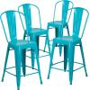 Flash Furniture Lily Commercial Grade 4 Pack 24″ High Black Metal Indoor-Outdoor Counter Height Stool with Removable Back(Crystal Teal-blue)