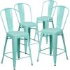 Flash Furniture Lily Commercial Grade 4 Pack 24″ High Black Metal Indoor-Outdoor Counter Height Stool with Removable Back(Mint Green)