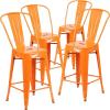 Flash Furniture Lily Commercial Grade 4 Pack 24″ High Black Metal Indoor-Outdoor Counter Height Stool with Removable Back(Orange)