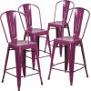 Flash Furniture Lily Commercial Grade 4 Pack 24″ High Black Metal Indoor-Outdoor Counter Height Stool with Removable Back(Purple)