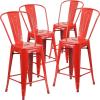 Flash Furniture Lily Commercial Grade 4 Pack 24″ High Black Metal Indoor-Outdoor Counter Height Stool with Removable Back(Red)