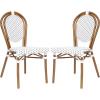 Flash Furniture Lourdes Indoor/Outdoor Commercial Thonet Bistro Stack Chair – Black/White PE Rattan Back and Seat – Natural Bamboo Print Metal Frame – 2 PK(White & Gray/Natural Frame)