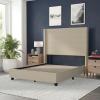 Flash Furniture Quinn Upholstered Platform Bed – Beige Channel Stitched Wingback Headboard – King – Mattress Foundation with Slatted Supports – No Box Spring Needed(Beige)