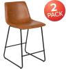 Flash Furniture Reagan 24″ LeatherSoft Counter Height Stools with Footrest, Mid-Century Modern Bucket Style Dining Chairs, Set of 2, Light Brown