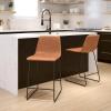 Flash Furniture Reagan 24″ LeatherSoft Counter Height Stools with Footrest, Mid-Century Modern Bucket Style Dining Chairs, Set of 2, Light Brown
