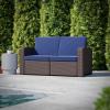 Flash Furniture Seneca Chocolate Brown Faux Rattan Loveseat with All-Weather Beige Cushions(Navy Cushions/Chocolate Brown Frame)