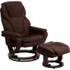 Flash Furniture Austin Contemporary Multi-Position Recliner and Ottoman with Swivel Mahogany Wood Base in Black LeatherSoft(Brown Microfiber)