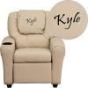 Flash Furniture Beige DG-ULT BGE-TXTEMB-GG: Personalized Vinyl Kids Recliner with Cup Holder and Headrest