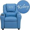 Flash Furniture Blue DG-ULT LtBlue-TXTEMB-GG: Personalized Light Vinyl Kids Recliner with Cup Holder and Headrest