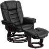 Flash Furniture Contemporary Multi-Position Recliner with Horizontal Stitching and Ottoman with Swivel Mahogany Wood Base in Black Leather