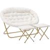 Flash Furniture Eleanor Portable Double Saucer Chair with 2 Ottomans, Folding Steel Frames, for Dorm or Bedroom, 56″, Dusty Aqua Faux Fur/Soft Gold Frame(Ivory Faux Shearling Fabric/Soft Gold Frame)