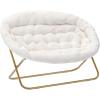 Flash Furniture Eleanor Portable Double Saucer Chair with 2 Ottomans, Folding Steel Frames, for Dorm or Bedroom, 56″, Dusty Aqua Faux Fur/Soft Gold Frame(Ivory Faux Shearling/Soft Gold Frame)