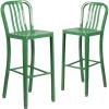 Flash Furniture Gael 30″ Commercial Metal Barstools with Footrest, Vertical Slat Back Bar Height Stools for Restaurants and Kitchens, Set of 2, Silver(Green)