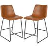 Flash Furniture Reagan 24″ LeatherSoft Counter Height Stools with Footrest, Mid-Century Modern Bucket Style Dining Chairs, Set of 2, Light Brown