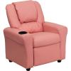 Flash Furniture Vana Vinyl Kids Recliner with Cup Holder, Headrest, and Safety Recline, Contemporary Reclining Chair for Kids, Supports up to 90 lbs., Beige(Pink Vinyl)