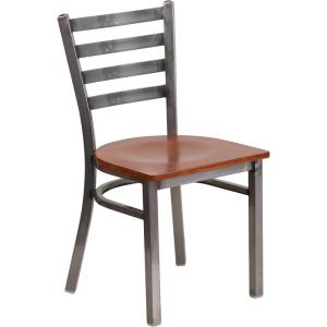 Flash Furniture 2 Pack HERCULES Series Clear Coated Ladder Back Metal Restaurant Chair – Black Vinyl Seat(Cherry Wood Seat/Clear Coated Metal Frame)
