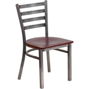 Flash Furniture 2 Pack HERCULES Series Clear Coated Ladder Back Metal Restaurant Chair – Black Vinyl Seat(Mahogany Wood Seat/Clear Coated Metal Frame)