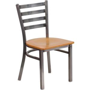 Flash Furniture 2 Pack HERCULES Series Clear Coated Ladder Back Metal Restaurant Chair – Black Vinyl Seat(Natural Wood Seat/Clear Coated Metal Frame)