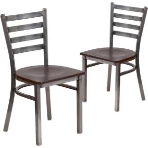 Flash Furniture 2 Pack HERCULES Series Clear Coated Ladder Back Metal Restaurant Chair – Black Vinyl Seat(Walnut Wood Seat/Clear Coated Metal Frame)