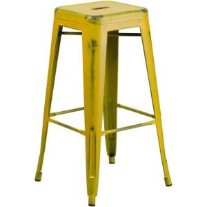 Flash Furniture 30″H Commercial Modern Metal Backless Barstool, Indoor/Outdoor Industrial Square Stacking Bar Stool for Patio Bars/Restaurants, Black(Distressed Yellow)