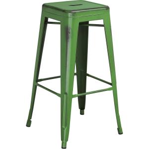 Flash Furniture 30″H Commercial Modern Metal Backless Barstool, Indoor/Outdoor Industrial Square Stacking Bar Stool for Patio Bars/Restaurants, Black(Distressed Green)