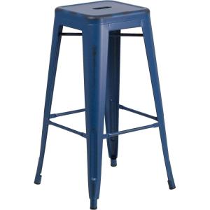 Flash Furniture 30″H Commercial Modern Metal Backless Barstool, Indoor/Outdoor Industrial Square Stacking Bar Stool for Patio Bars/Restaurants, Black(Distressed Antique Blue)