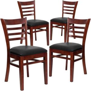 Flash Furniture 4 Pack HERCULES Series Ladder Back Mahogany Wood Restaurant Chair – Black Vinyl Seat