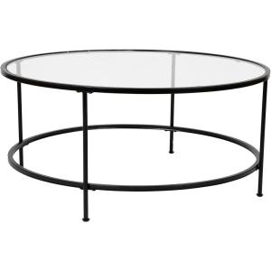 Flash Furniture Astoria Collection Round Coffee Table – Modern Clear Glass Coffee Table – Matte Gold Frame(Clear Top/Matte Black Frame)