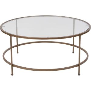 Flash Furniture Astoria Collection Round Coffee Table – Modern Clear Glass Coffee Table – Matte Gold Frame(Clear/Brushed Gold)