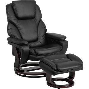 Flash Furniture Austin Contemporary Multi-Position Recliner and Ottoman with Swivel Mahogany Wood Base in Black LeatherSoft(Black Leathersoft)