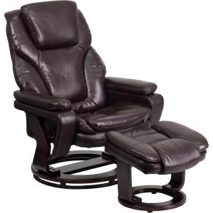 Flash Furniture Austin Contemporary Multi-Position Recliner and Ottoman with Swivel Mahogany Wood Base in Black LeatherSoft(Brown Leathersoft)