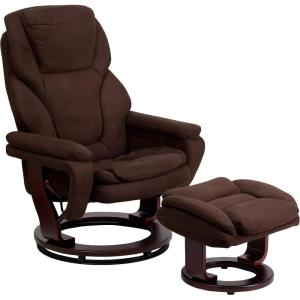 Flash Furniture Austin Contemporary Multi-Position Recliner and Ottoman with Swivel Mahogany Wood Base in Black LeatherSoft(Brown Microfiber)