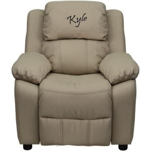 Flash Furniture BT-7985-KID-BGE-EMB-GG: Personalized Deluxe Padded Beige Vinyl Kids Recliner with Storage Arms