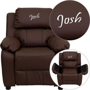 Flash Furniture BT-7985-KID-BRN-LEA-EMB-GG: Personalized Deluxe Padded Brown Leathersoft Kids Recliner with Storage Arms