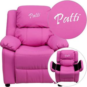 Flash Furniture BT-7985-KID-HOT-PINK-EMB-GG: Personalized Deluxe Padded Hot Pink Vinyl Kids Recliner with Storage Arms
