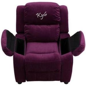 Flash Furniture BT-7985-KID-MIC-PUR-EMB-GG: Personalized Deluxe Padded Purple Microfiber Kids Recliner with Storage Arms