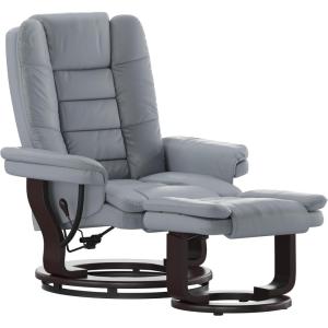 Flash Furniture Bali Contemporary Multi-Position Recliner with Horizontal Stitching and Ottoman with Swivel Mahogany Wood Base in Gray LeatherSoft