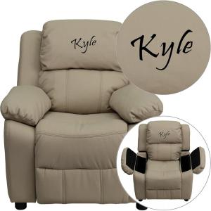 Flash Furniture Beige BT-7985-KID-BGE-TXTEMB-GG: Personalized Deluxe Padded Vinyl Kids Recliner with Storage Arms