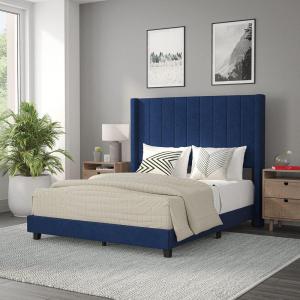 Flash Furniture Bianca Upholstered Platform Bed – Emerald Velvet Upholstery – Queen – Wingback Headboard – Slatted Mattress Foundation – No Box Spring Needed(Navy Velvet)